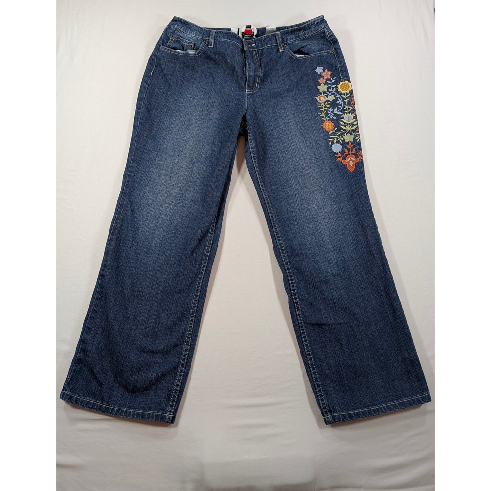 Talbots Petites Floral Embroidered Wide Leg Stretch Jeans Blue Denim Size 14P